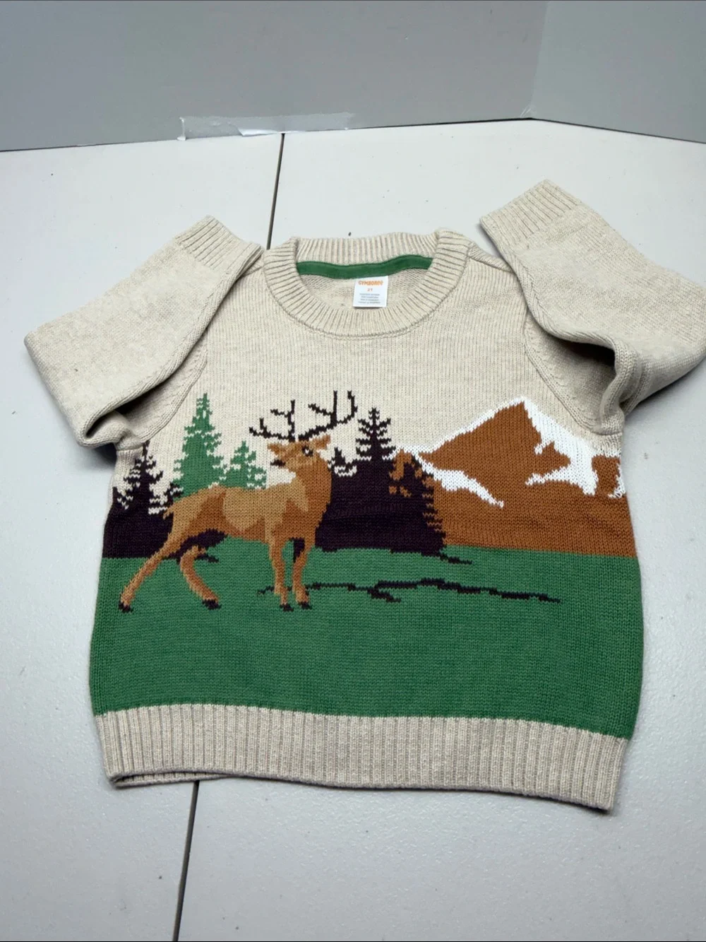 Gymboree Beige and Green Deer Scenic Crewneck Sweater. NWOT